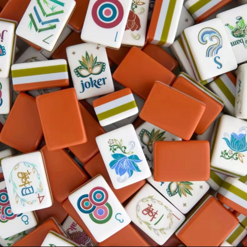 White and orange Mahjong tiles set