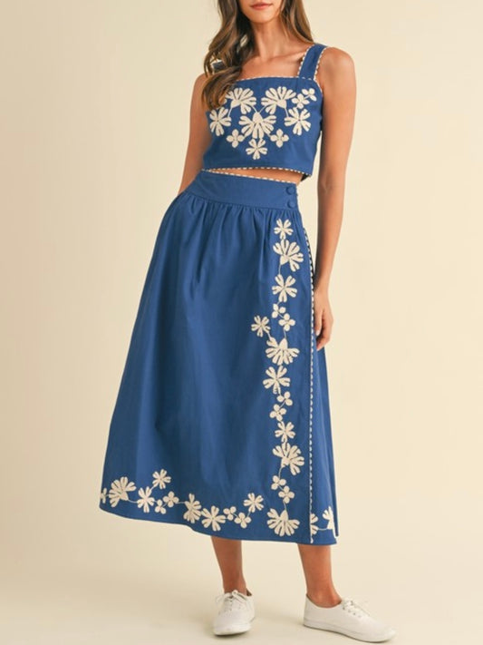 Blue set top and skirt with floral embroidered details