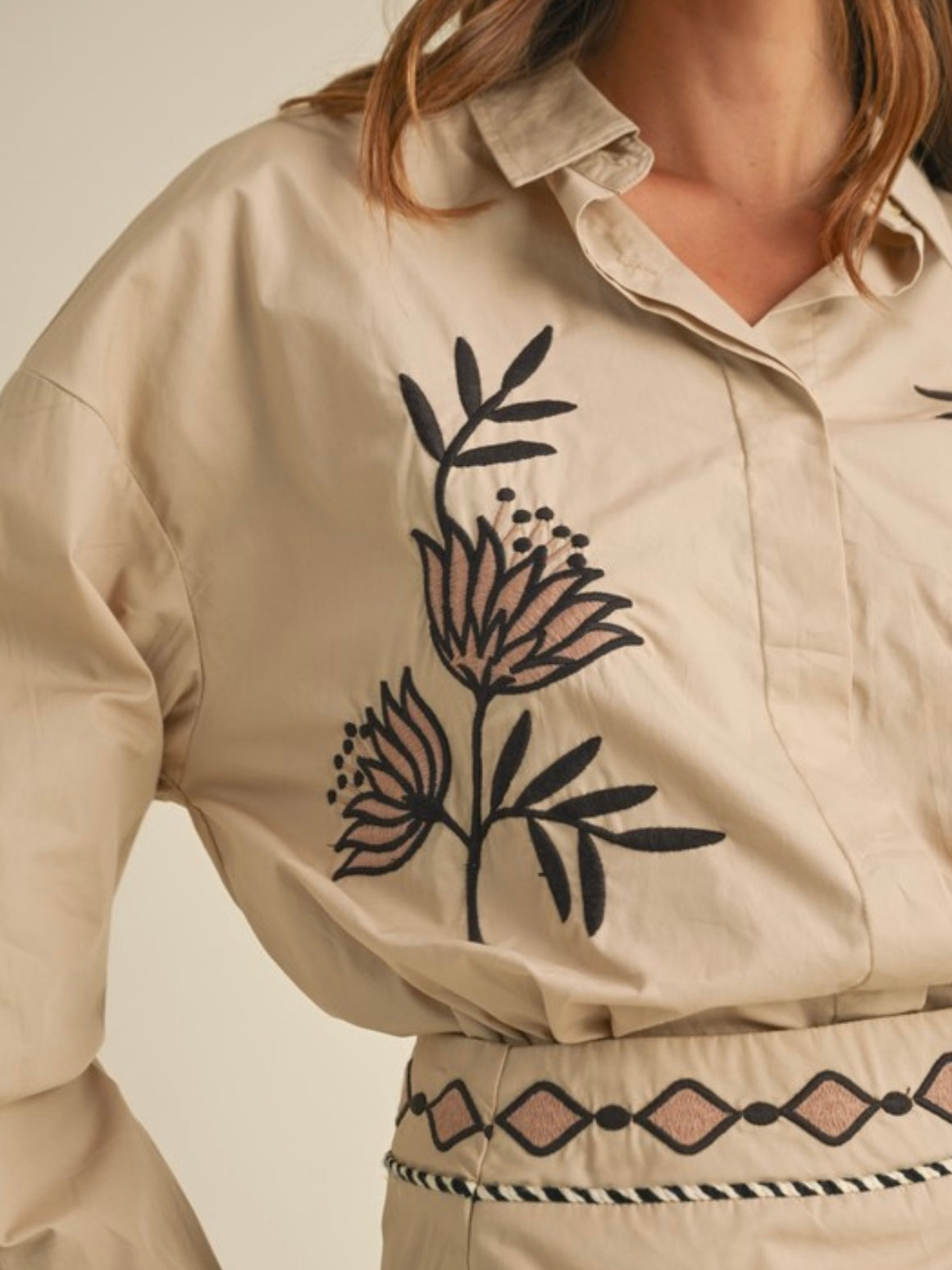 Coffee set floral embroidered top and mini skirt