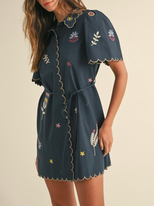 Blue set embroidered shirt mini dress