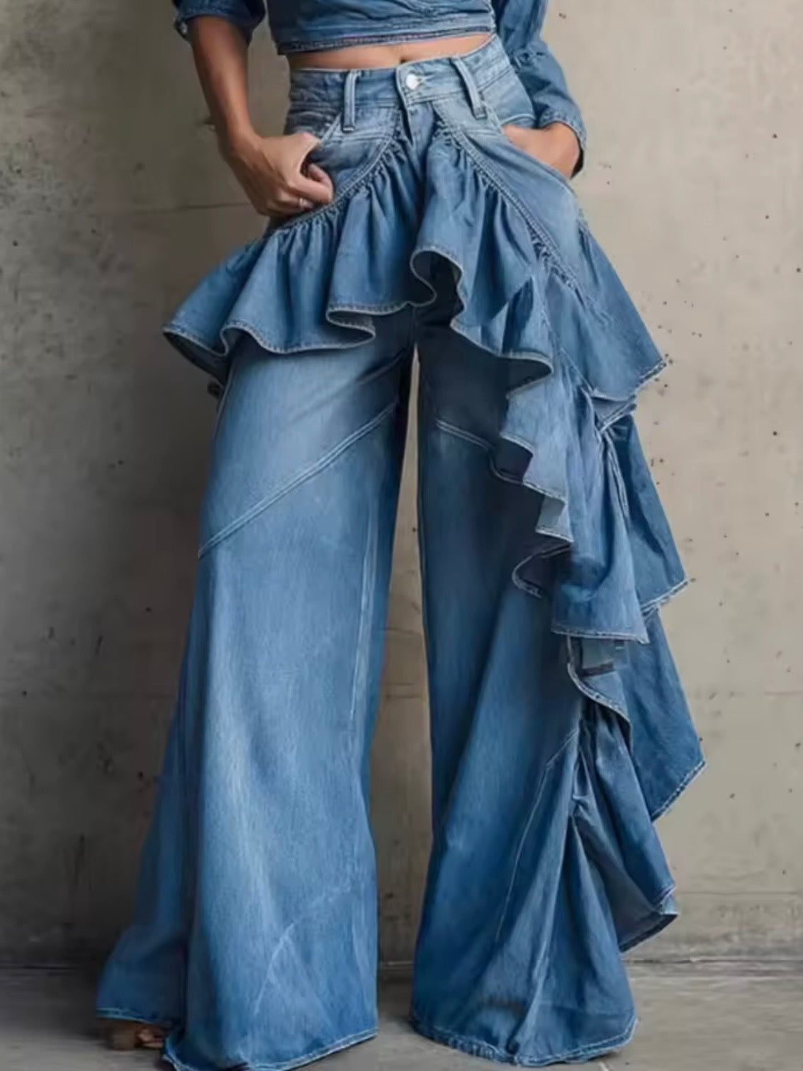 Mid blue ruffle side loose leg pants