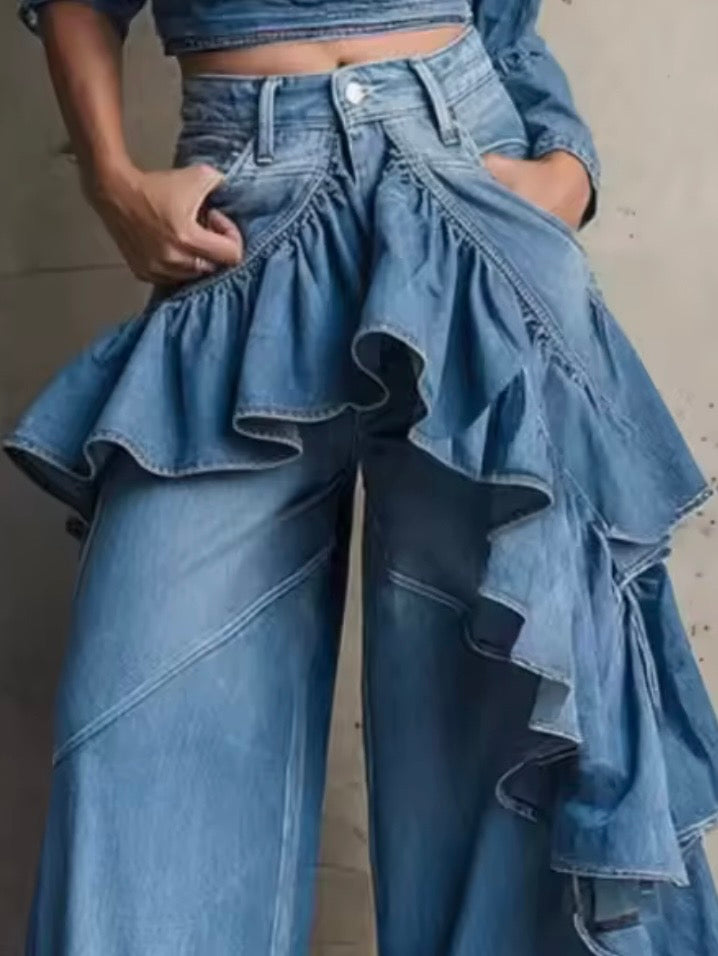 Mid blue ruffle side loose leg pants