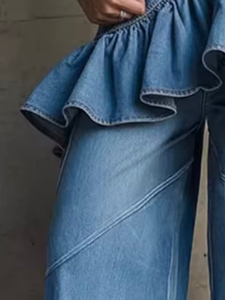 Mid blue ruffle side loose leg pants