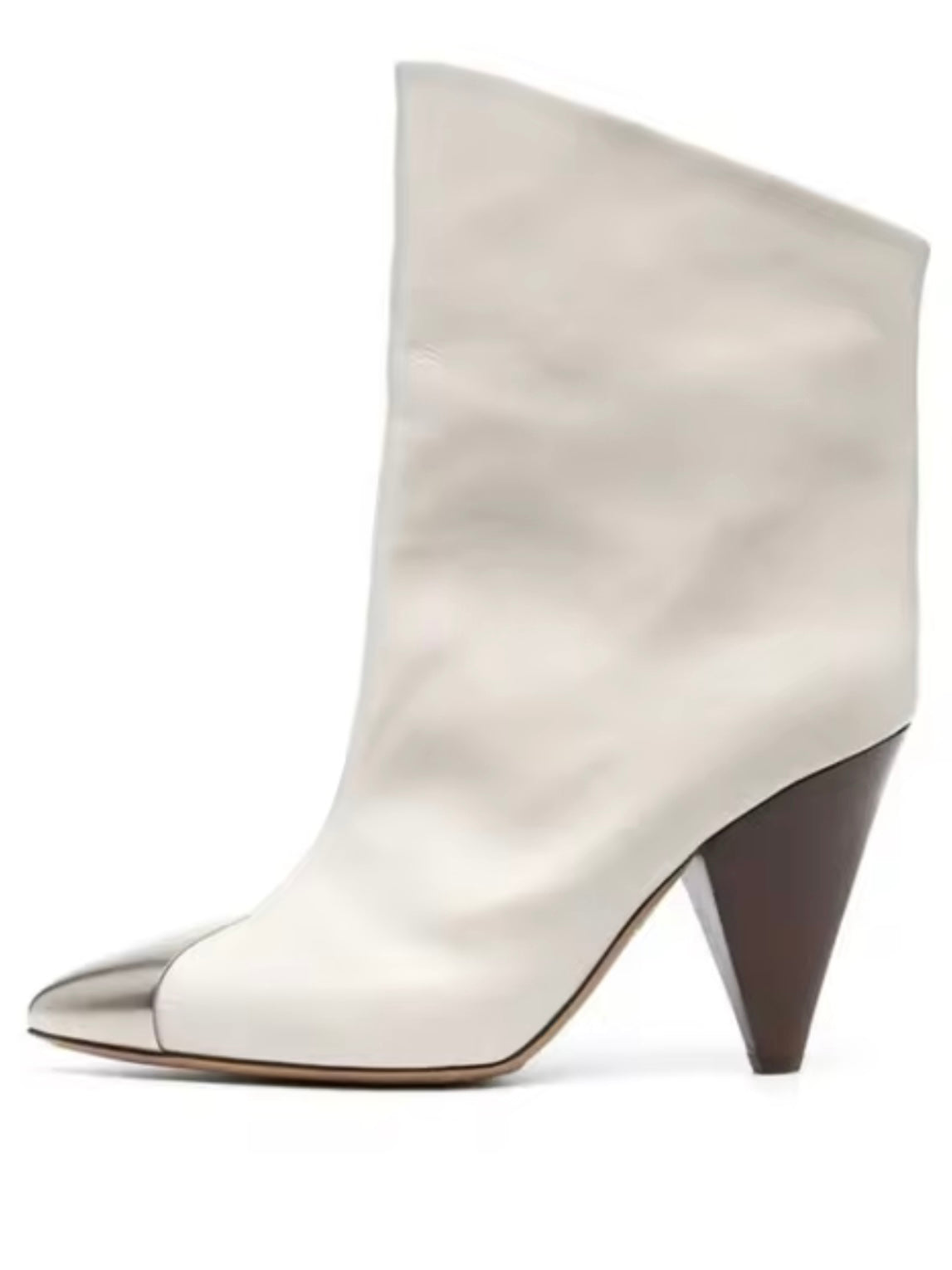 White high heel boots silver pointed.