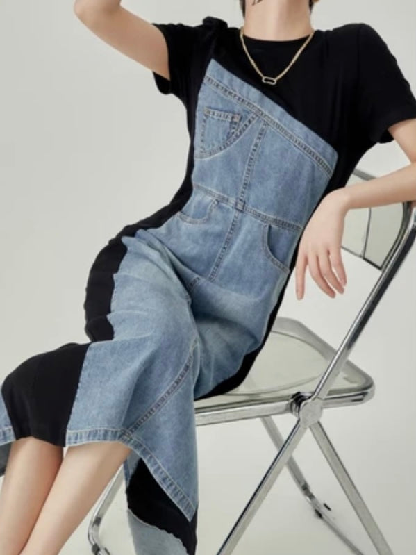 Black and denim asymmetrical sleeveless midi dress