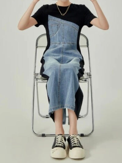 Black and denim asymmetrical sleeveless midi dress