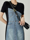 Black and denim asymmetrical sleeveless midi dress