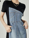 Black and denim asymmetrical sleeveless midi dress