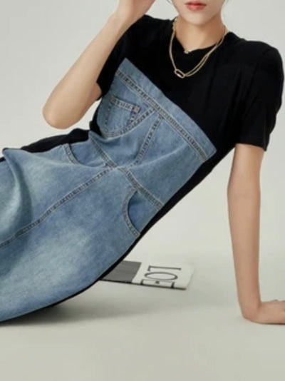 Black and denim asymmetrical sleeveless midi dress