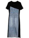 Black and denim asymmetrical sleeveless midi dress