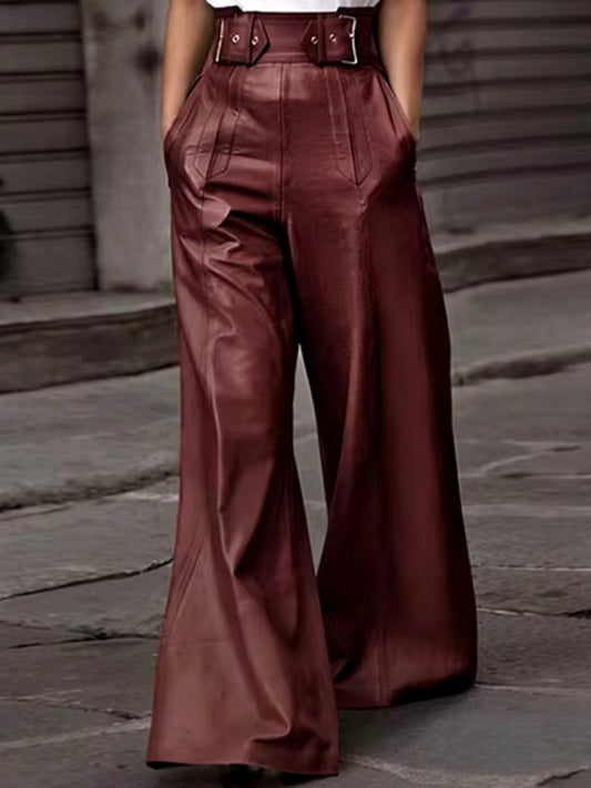 Solid colors faux leather loose fit wide pants