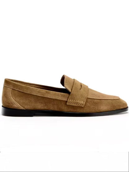 Brown faux suede slip on loafers shoes