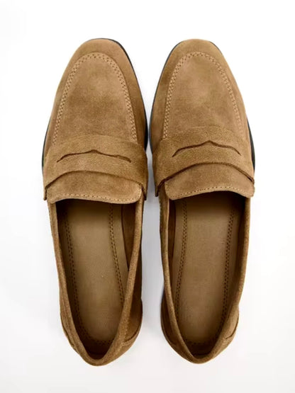 Brown faux suede slip on loafers shoes