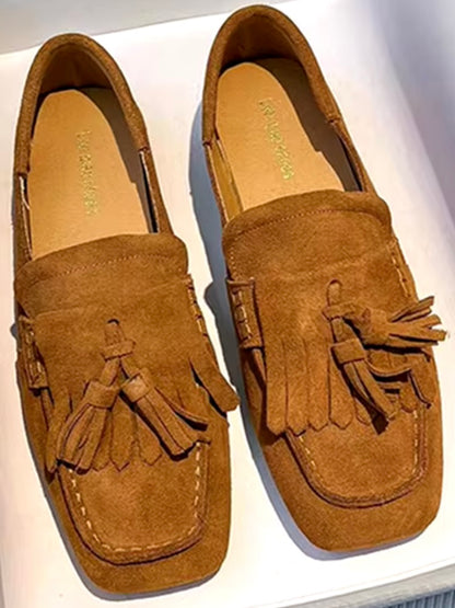 Brown faux suede fringed tassels slip on loafers shoes