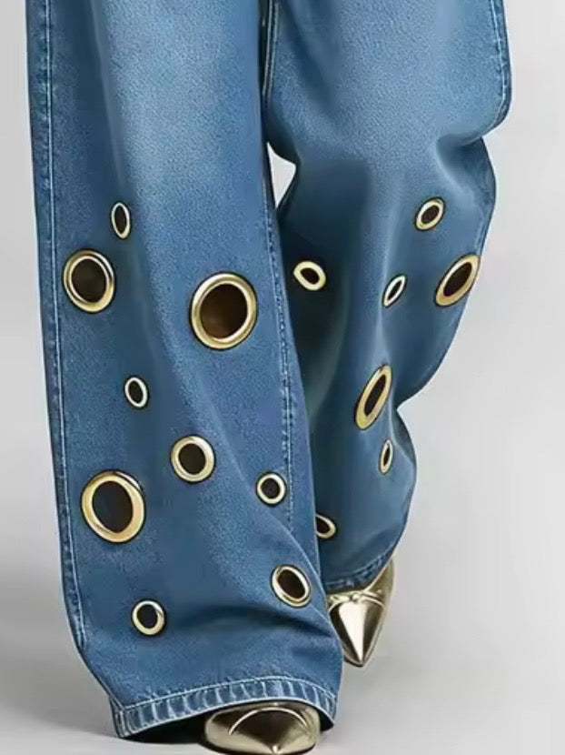 Mid blue gold cutout metallic rings denim wide leg Pants