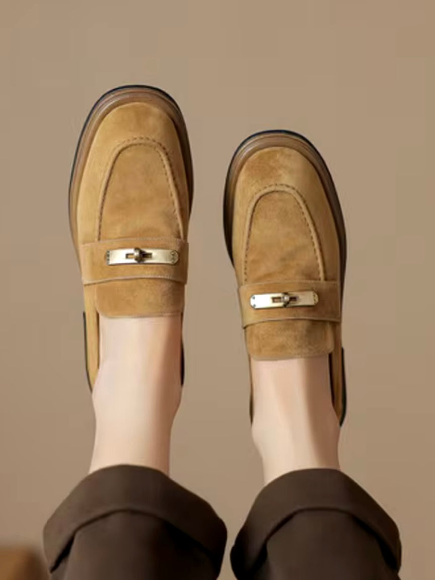 Brown and apricot faux suede slip on loafers shoes