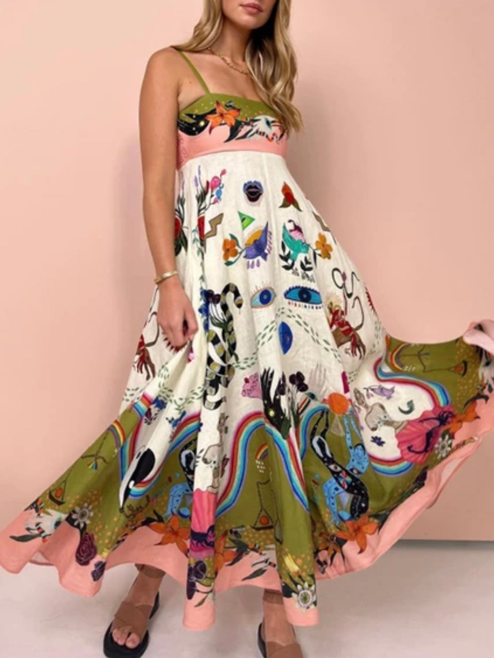 Off white, pink and green, eyes and suns  printed maxi dress