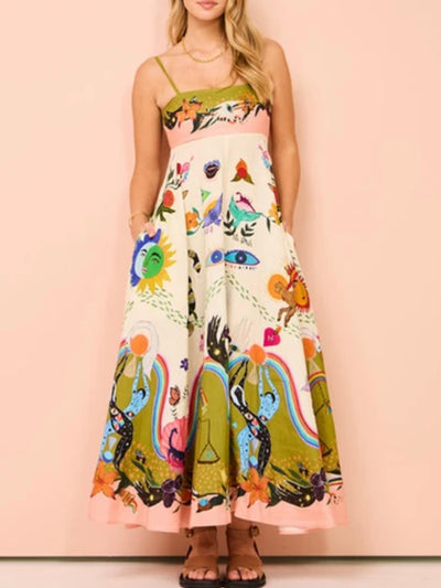 Off white, pink and green, eyes and suns  printed maxi dress