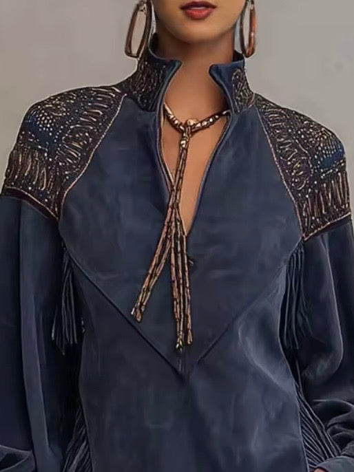 Blue fringed tassels long sleeves short mini dress