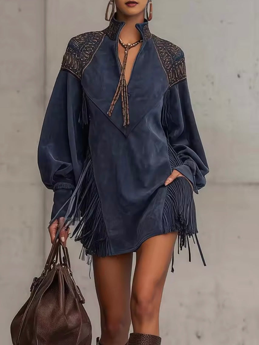 Blue fringed tassels long sleeves short mini dress
