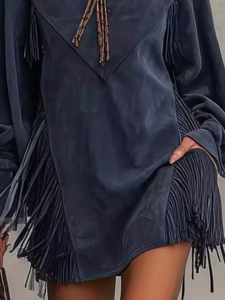 Blue fringed tassels long sleeves short mini dress