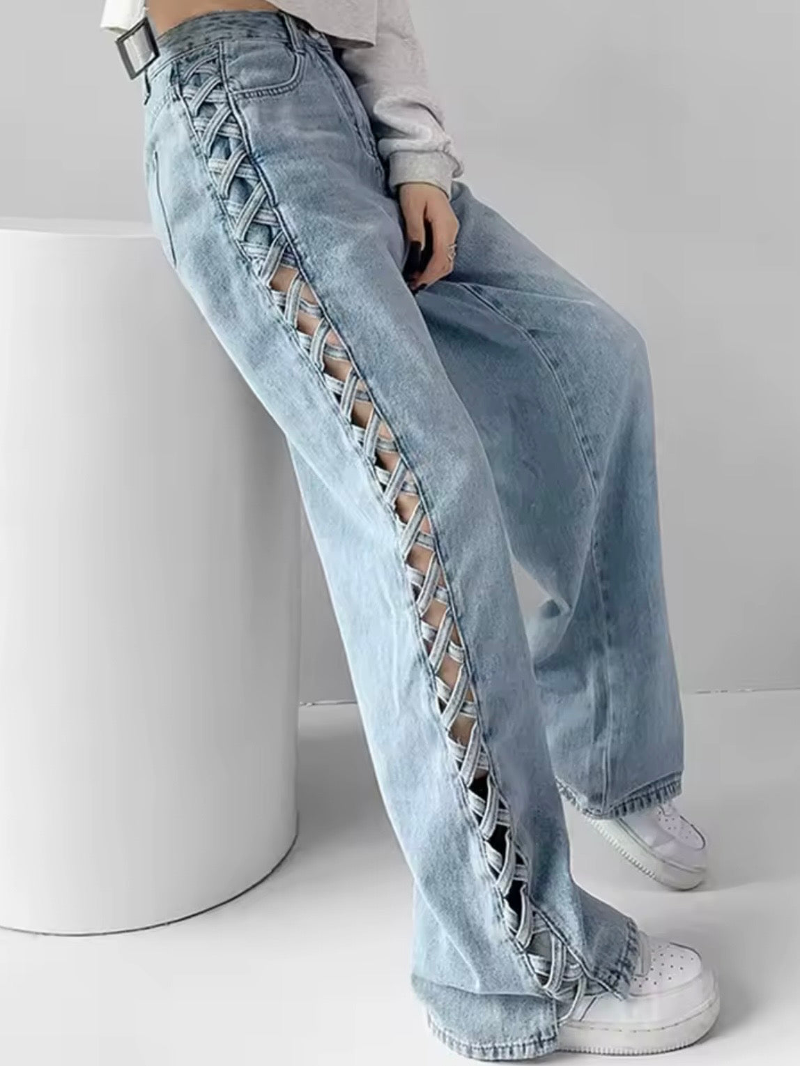 Mid blue denim gold hollow out wide leg Pants