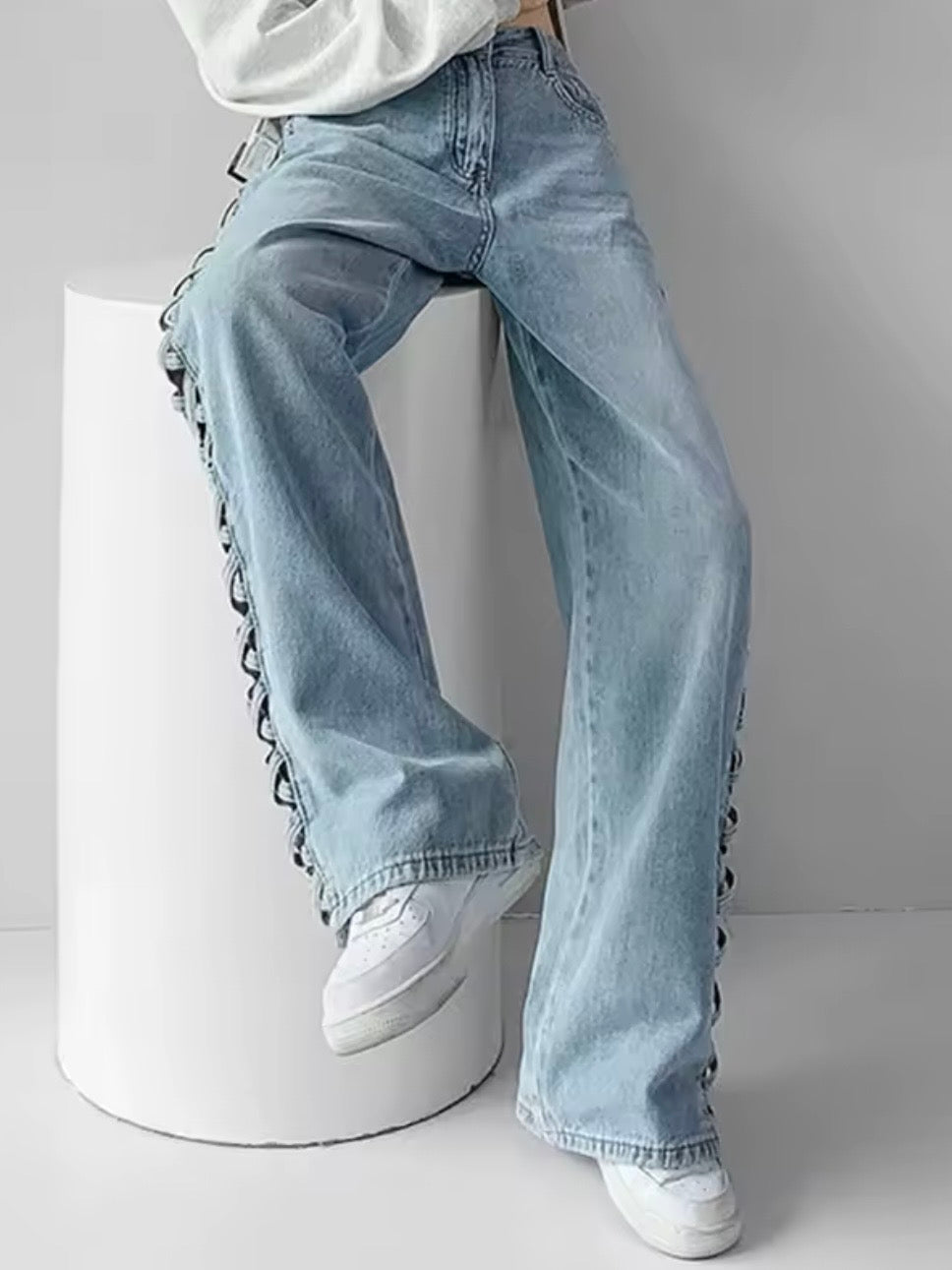 Mid blue denim gold hollow out wide leg Pants