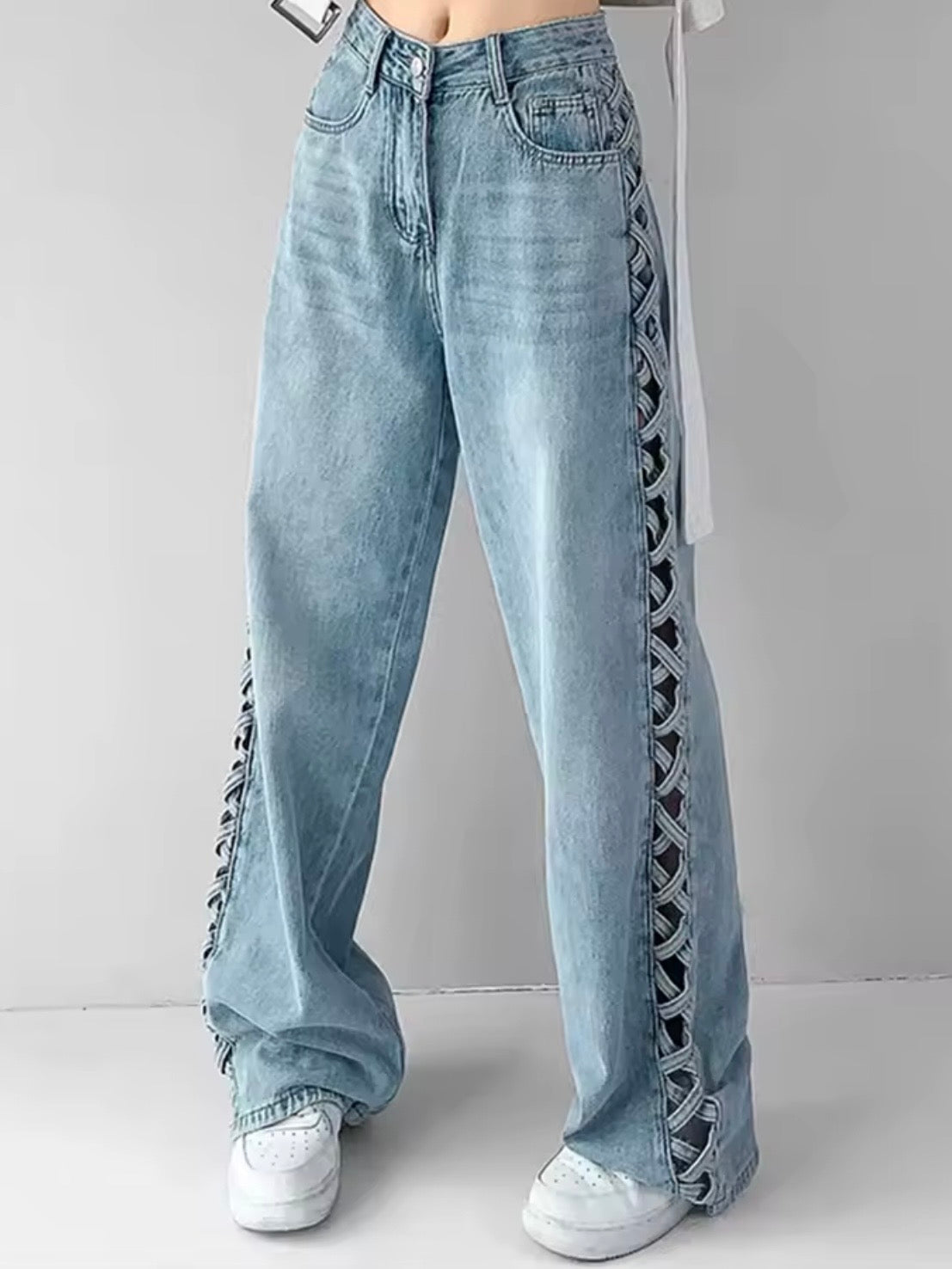 Mid blue denim gold hollow out wide leg Pants