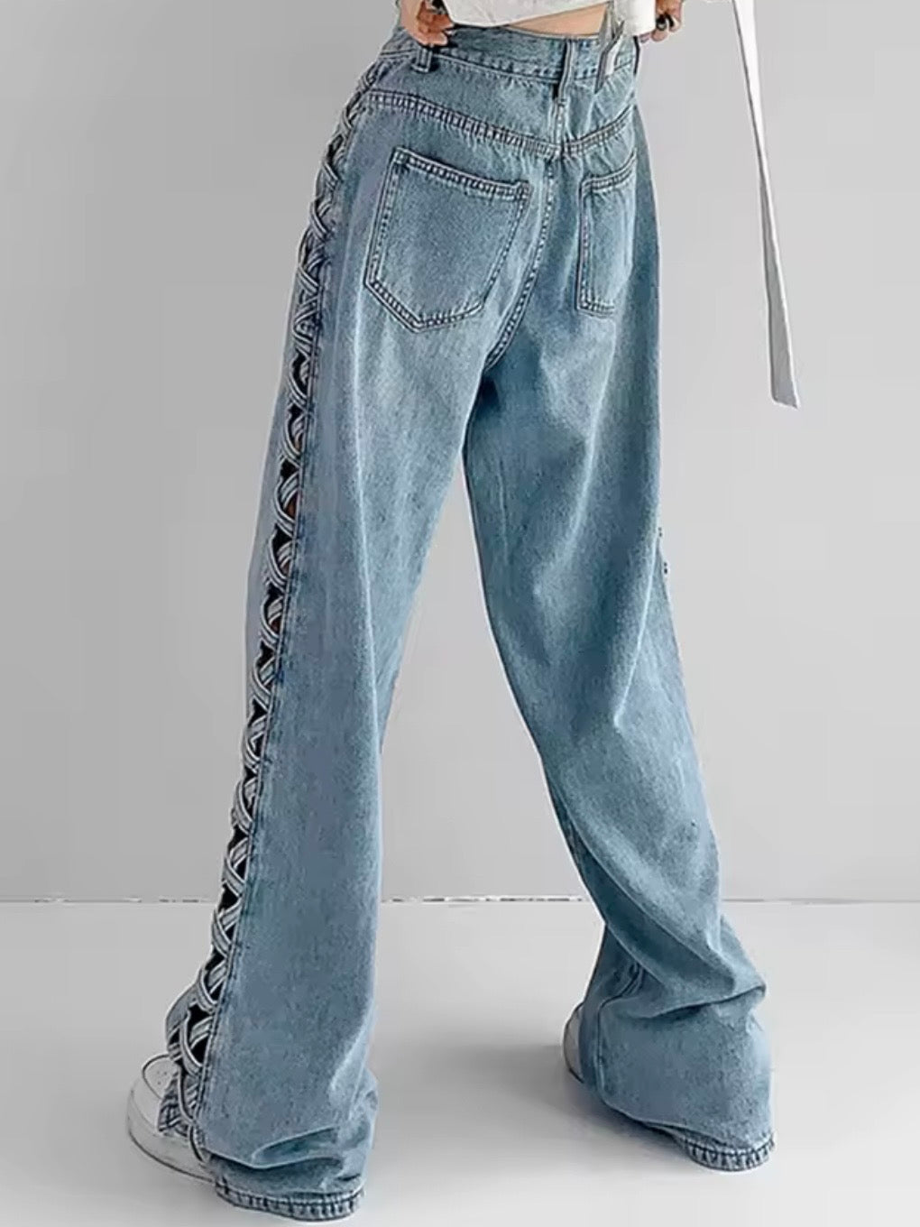 Mid blue denim gold hollow out wide leg Pants