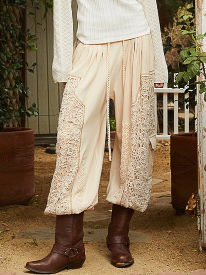 Patched pockets lace crochet wide pants