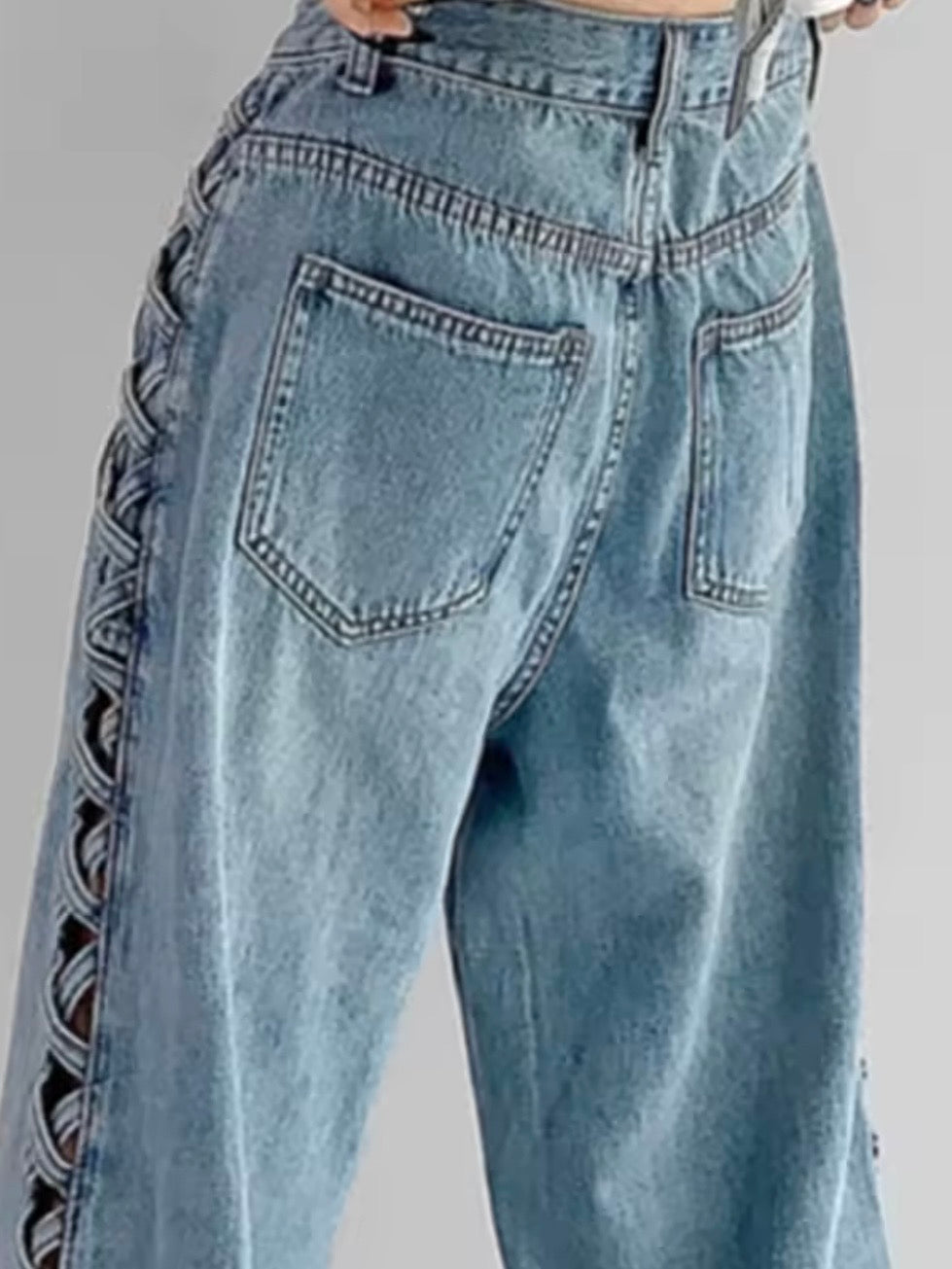 Mid blue denim gold hollow out wide leg Pants