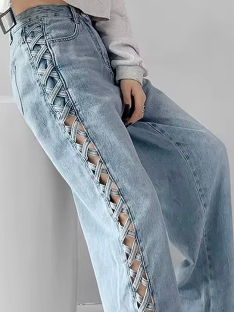 Mid blue denim gold hollow out wide leg Pants