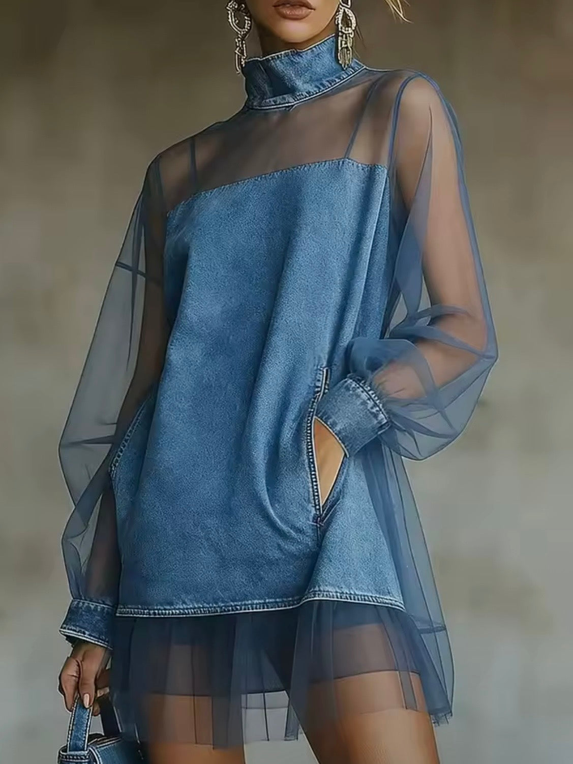 Blue denim see through long sleeves short mini dress