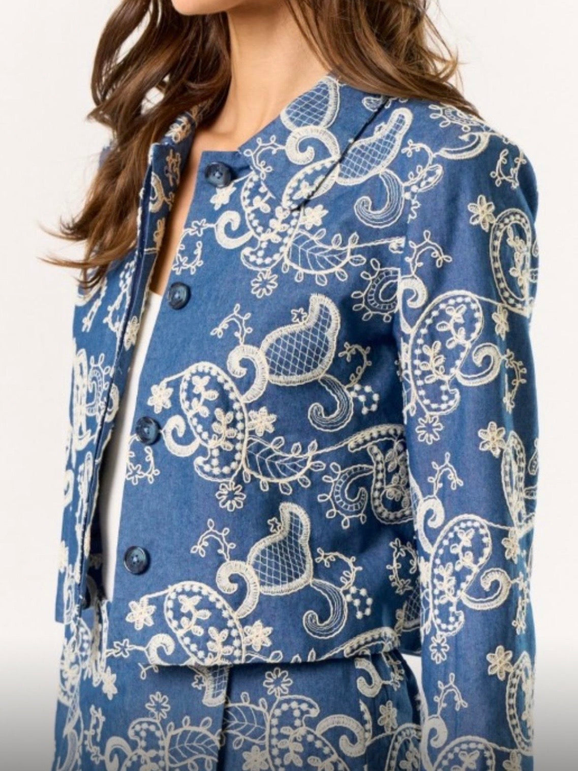 Mid blue floral embroidered denim jacket