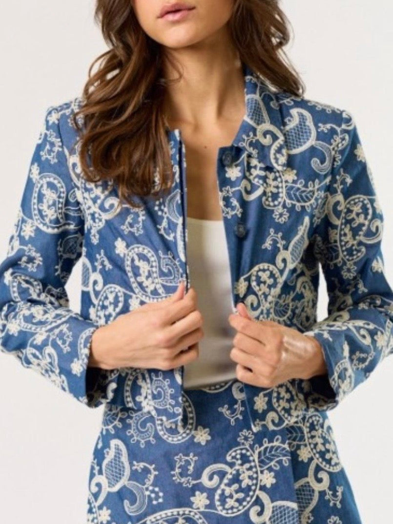 Mid blue floral embroidered denim jacket