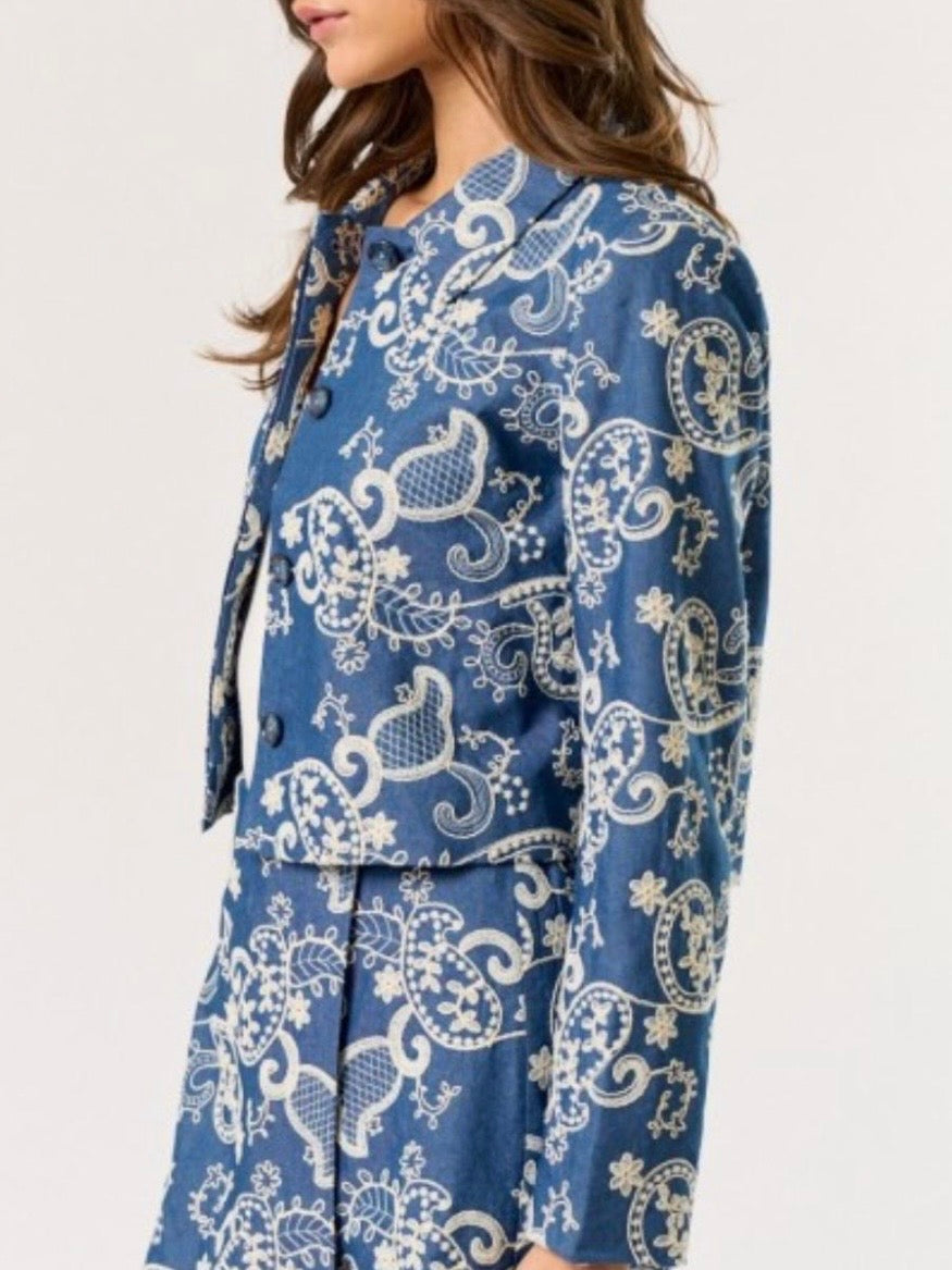 Mid blue floral embroidered denim jacket