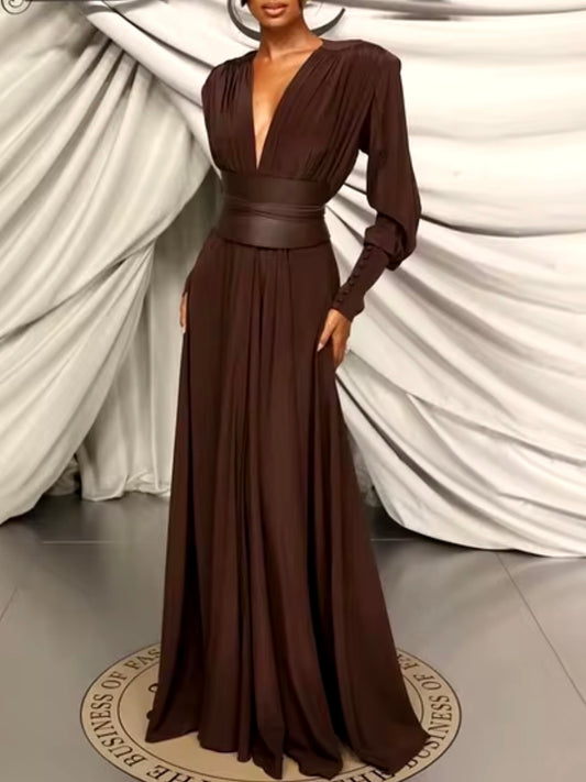 Dark brown pleated boho maxi dress