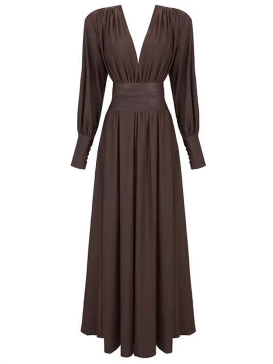 Dark brown pleated boho maxi dress