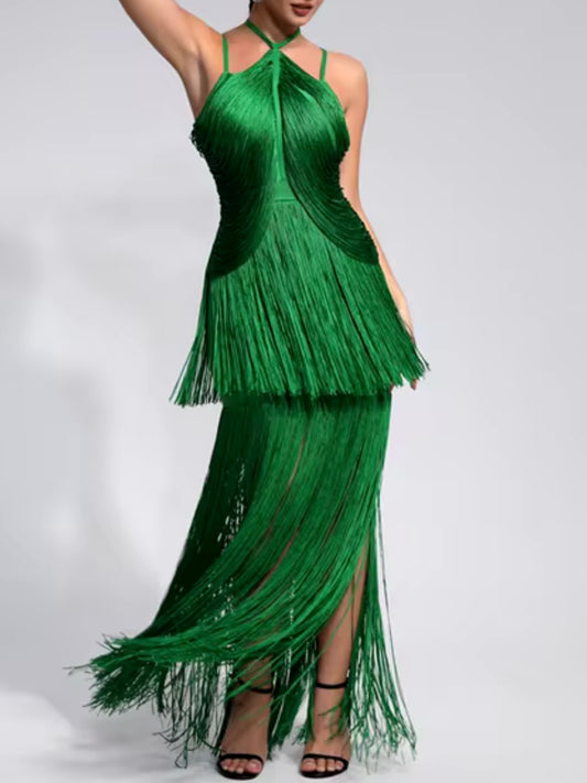 Green emerald fringed tube maxi dress