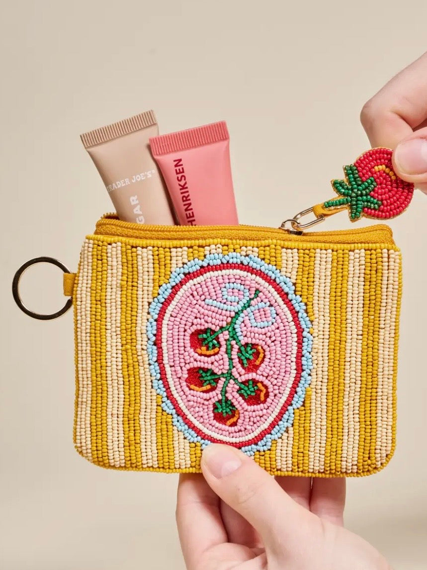 Cherries Yellow and white beads small pouch bag for jewelry, cosmetics and multifunctional