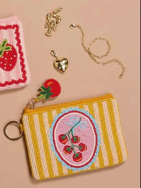 Cherries Yellow and white beads small pouch bag for jewelry, cosmetics and multifunctional