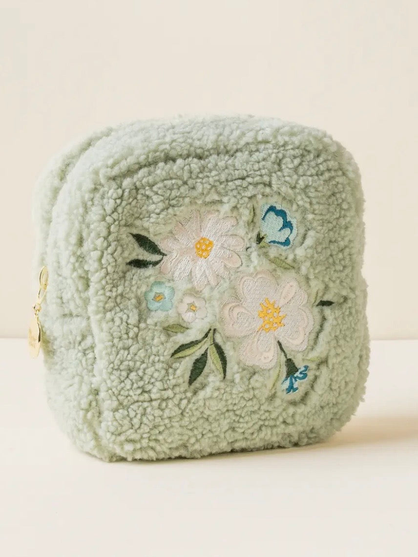 Green floral embroidered Teddy pouch bag