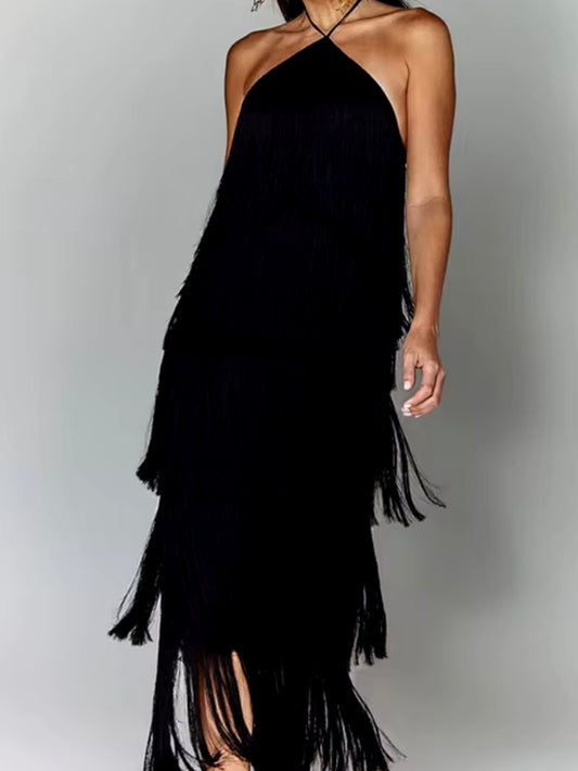 Solid colors fringed tube maxi dress