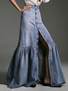 Mid blue denim tube buttoned open front maxi skirt