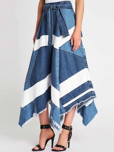 Mix blue denim fabrics asymmetrical midi skirt