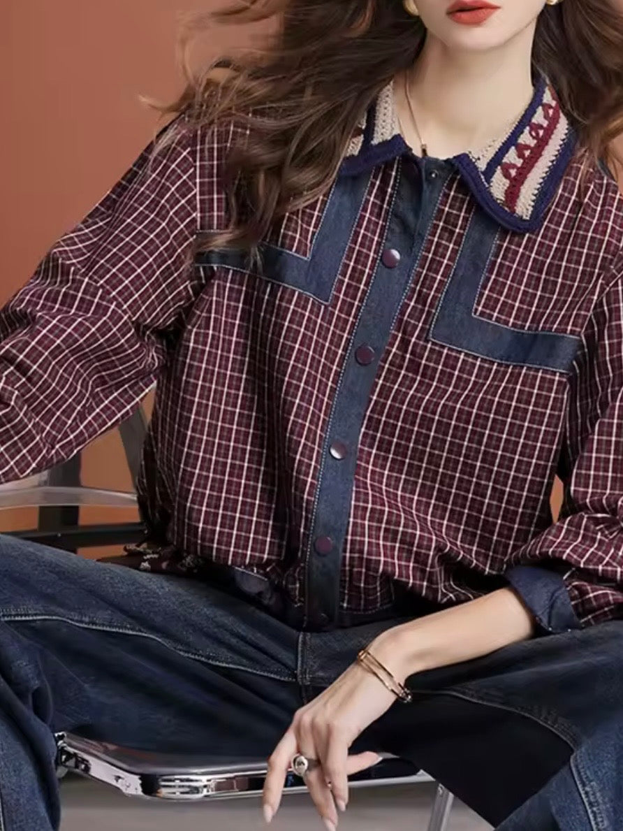 Blue and burgundy checkered denim shirt