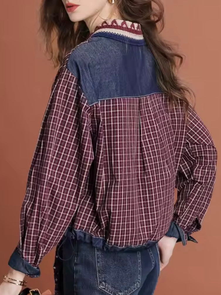 Blue and burgundy checkered denim shirt