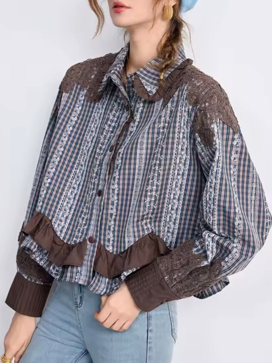 Blue and brown checkered denim shirt