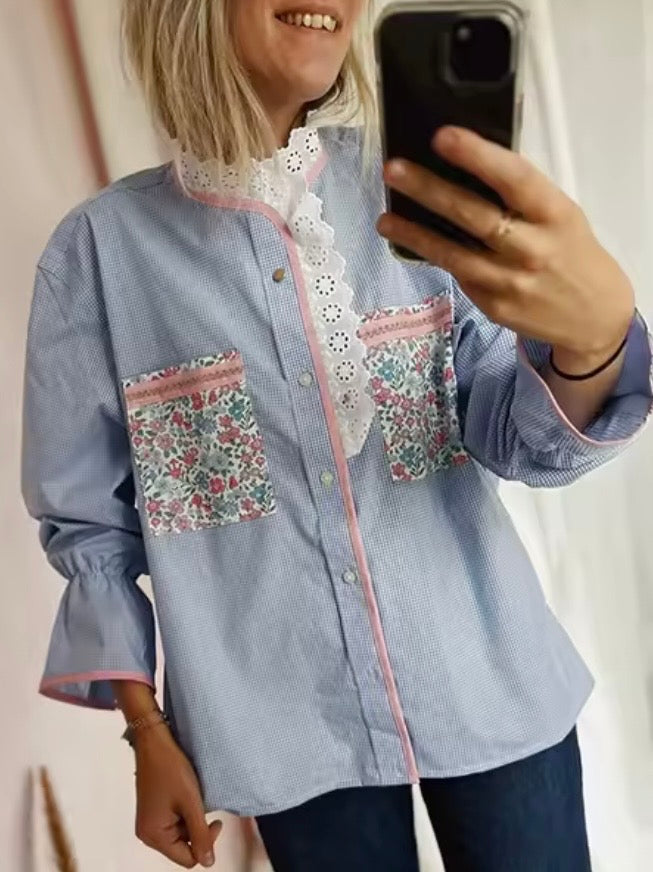 Light Blue and white checkered floral pocket shirt