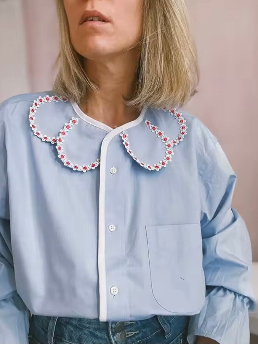 Light Blue floral neck embroidered shirt